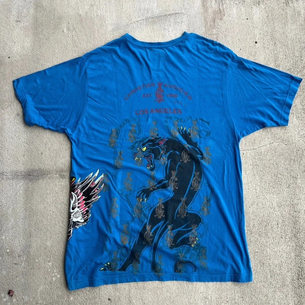 Christian Audigier Mens Blue Panther‎ Tattoo Graphic T Shirt 3XL